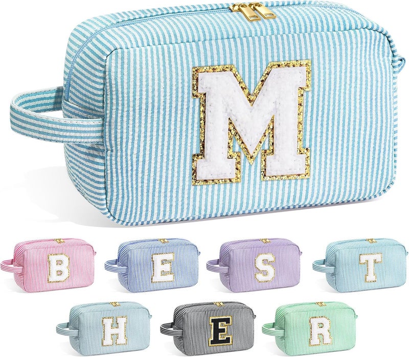 YOOLIFE Gifts for Women Teen Girls Kids - Initial Makeup Bag Cosmetic Bag Toiletry Pouch, Personalized Birthday Gifts for Women Girls Mom Daughter Sister Friends, Light Blue M - Image 1
